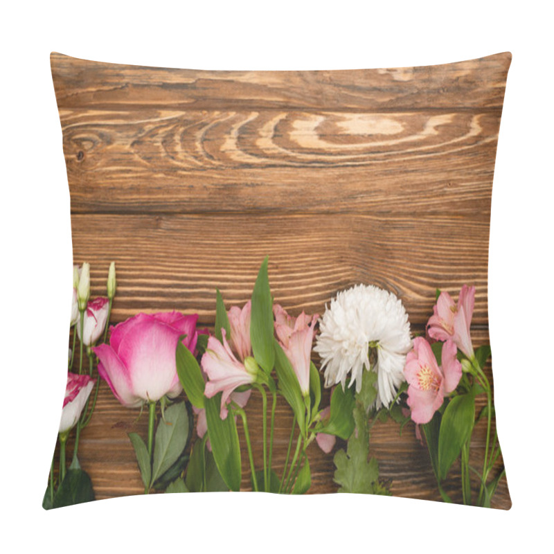 Personality  Top View Of Variety Of Pink And White Blooming Flowers On Wooden Surface Pillow Covers