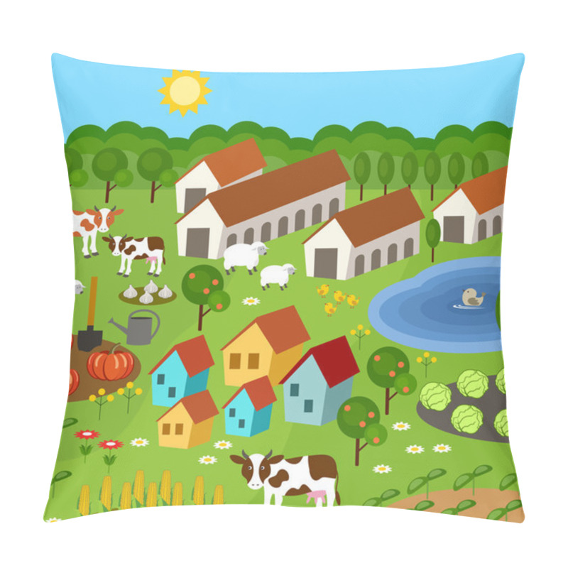 Personality  Big Set Of Rural Farmer Elements. Fields, Animals, Plants.  Pillow Covers