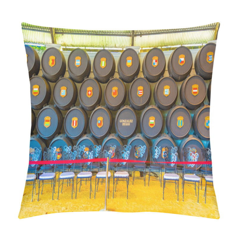 Personality  JEREZ DE LA FRONTERA, SPAIN, JUNE 26, 2019: Wine Barrels Inside Of Bodega Of Tio Pepe At Jerez De La Frontera In Spain Pillow Covers