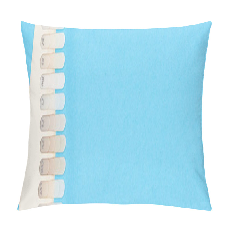 Personality  Panoramic Shot Of Teeth Palette With Different Shades Isolated On Blue  Pillow Covers