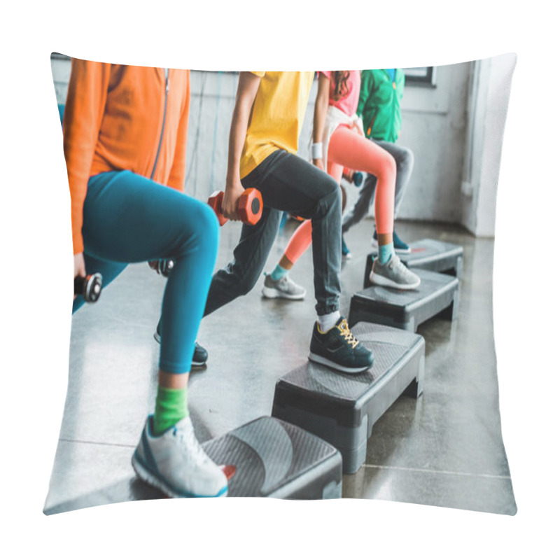 Personality  Cropped View Of Kids With Dumbbells Training With Step Platforms Pillow Covers