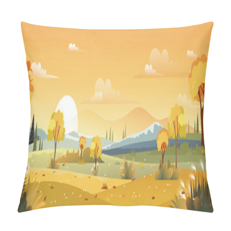 Personality  Panorama Landscapes Of Countryside In Autumn,Mid Autumn With Farm Field, Mountains, Wild Grass And Leaves Falling From Trees With Blue Sky And Yellow Foliage.Fall Season With Copy Space For Banner Pillow Covers