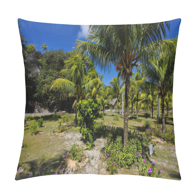 Personality  Beautiful Palmtrees, In Union Estate, La Digue, Seychelles Islands, With Granite Mountains.  Pillow Covers