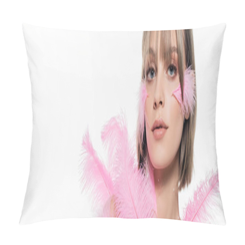 Personality  Young Woman With Decorative Beads On Neck Near Pink Feathers Isolated On White, Banner Pillow Covers