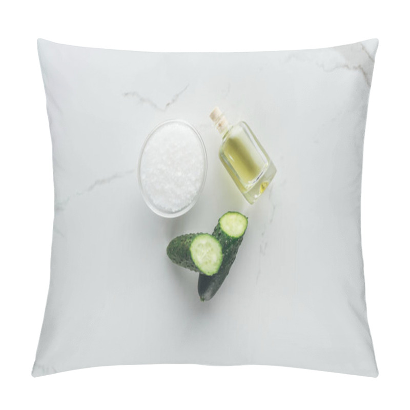 Personality  Top View Of Bowl With Salt, Halves Of Cucumber And Bottle Of Cucumber Juice On White Surface Pillow Covers