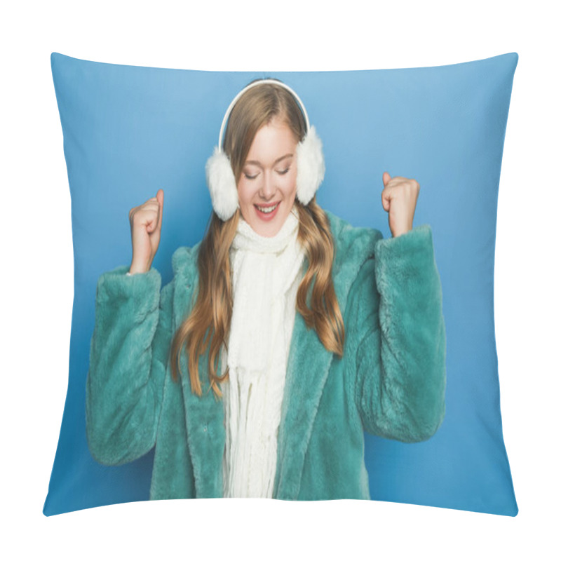 Personality  Happy Stylish Woman In Green Faux Fur Coat And Ear Muffs Isolated On Blue Pillow Covers