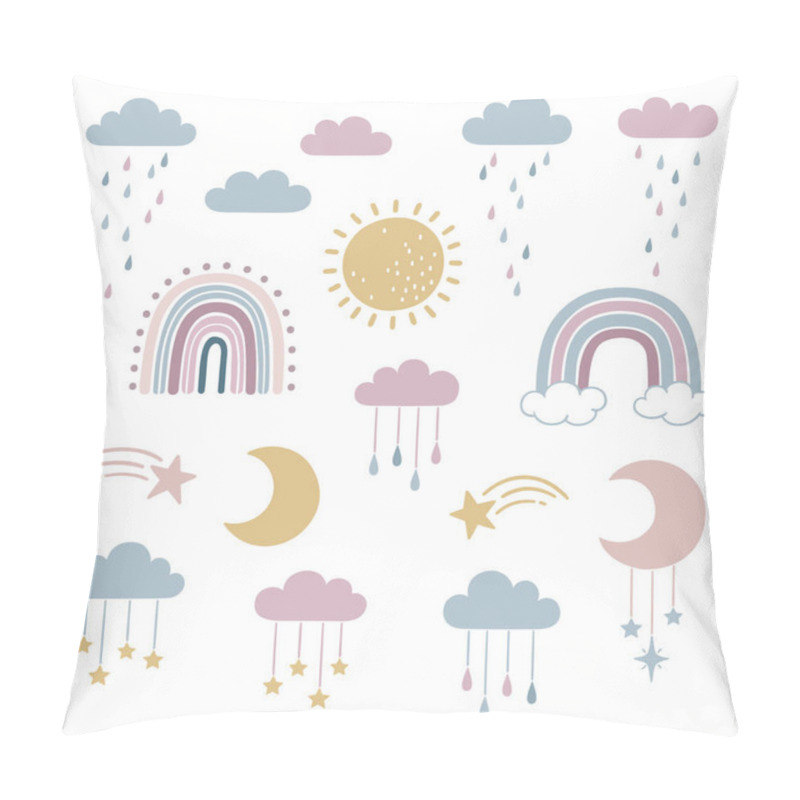 Personality  Set Of Doodle Sky And Weather Elements - Sun, Moon, Stars, Clouds, Raindrops And Rainbows, For Cute Childlike And Dreamy Design Pillow Covers