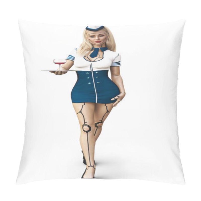 Personality  Cyber Flight Attendant. The Future Of Airline Travel Is Here With A Sexy Female Android Flight Attendant Serving Wine. 3d Rendering Isolated On A White Background.  Pillow Covers