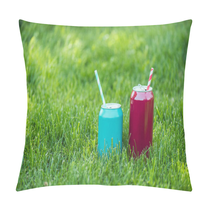 Personality  Close Up View Of Drinks In Cans With Straws On Green Grass Pillow Covers