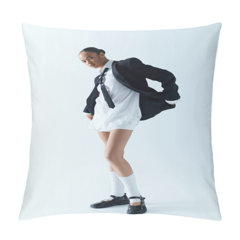 Personality  A Young African American Woman Stands Gracefully In A White Dress And Black Jacket. Pillow Covers