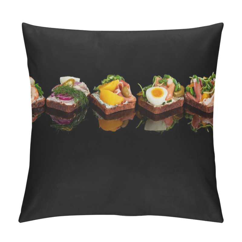 Personality  Rye Bread With Tasty Danish Smorrebrod Sandwiches On Black  Pillow Covers