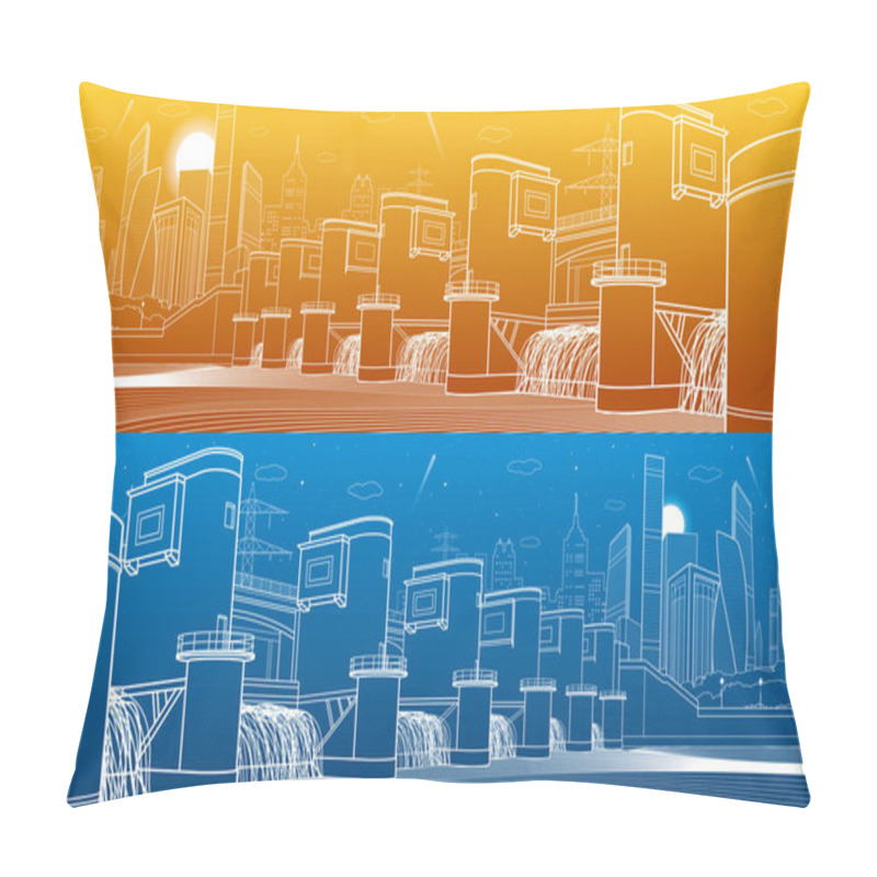 Personality  Hydro Power Plant. River Dam. Energy Station. City Infrastructure Industrial Illustration Panorama. White Lines On Blue And Orange Background. Vector Design Art Pillow Covers