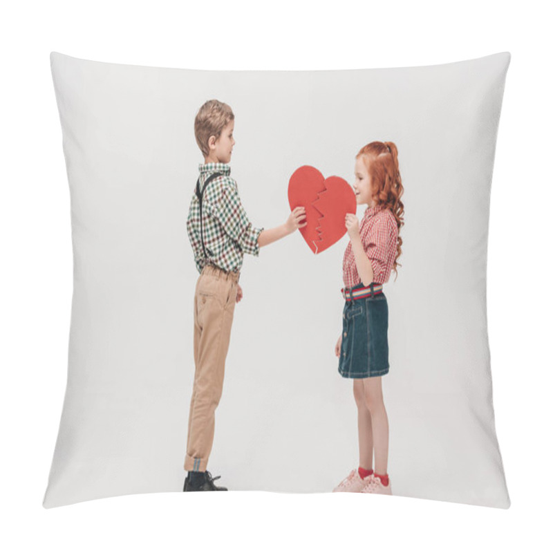 Personality  Side View Of Cute Little Couple Holding Parts Of Broken Heart Isolated On Grey Pillow Covers