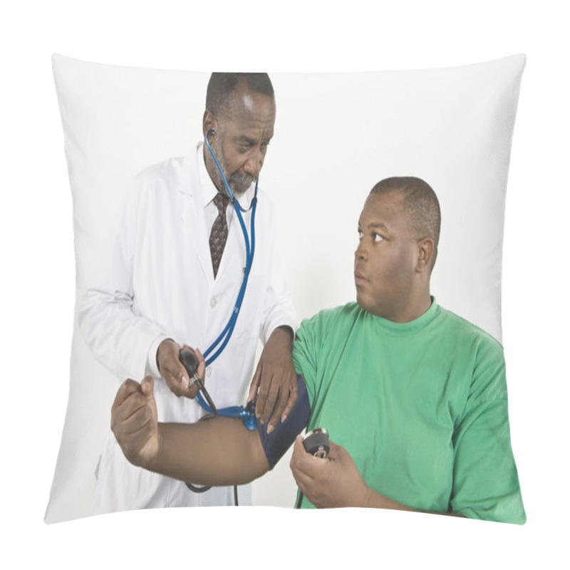 Personality  Doctor Checking Blood Pressure Of An Obese Patient Pillow Covers