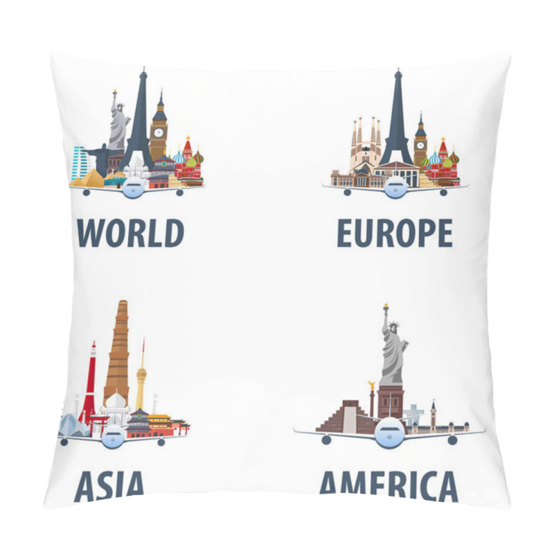 Personality  Set Of Travel Emblems. World, Europe, America, Asia. Vacation. Trip To Country. Travelling Illustration. Modern Vector Flat. Pillow Covers