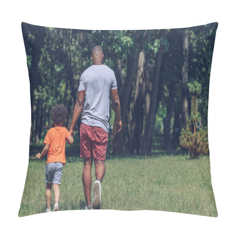 Personality  Back View Of African American Father And Son Holding Hands While Walking In Park Pillow Covers