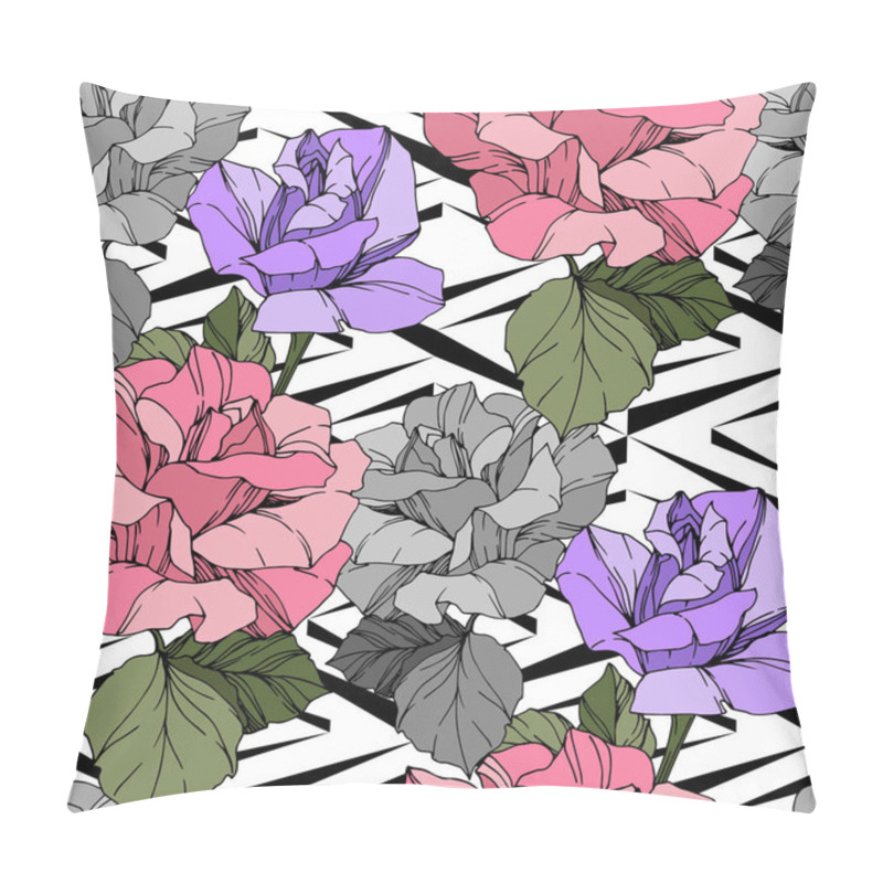 Personality  Beautiful Vector Roses. Wild Spring Leaves. Pink And Purple Engraved Ink Art. Seamless Background Pattern. Fabric Wallpaper Print Texture. Pillow Covers