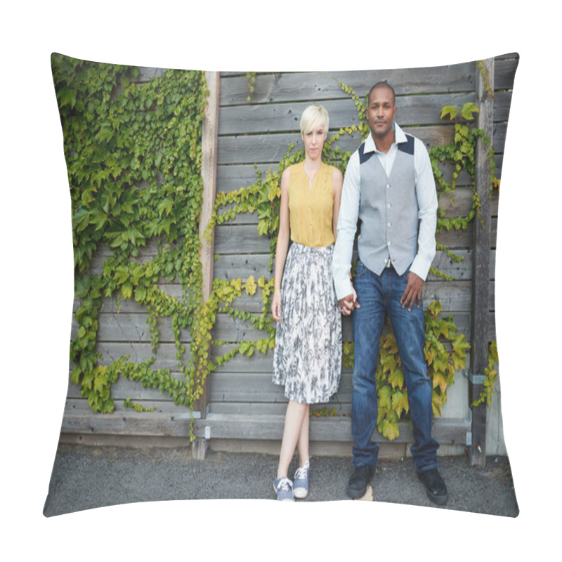 Personality  Attractive And Stylish Multicultural Couple In Love Holding Hands By A Fence In An Ivy-filled Urban Setting Pillow Covers