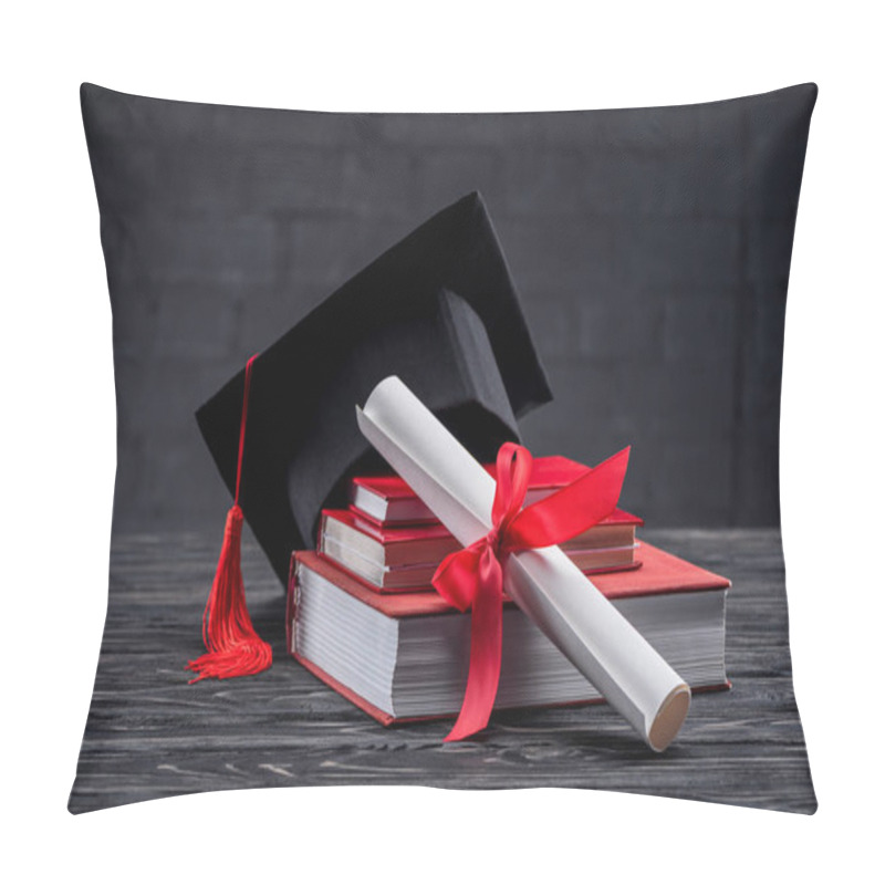 Personality  Stacked Books With Diploma And Graduation Hat On Table Pillow Covers