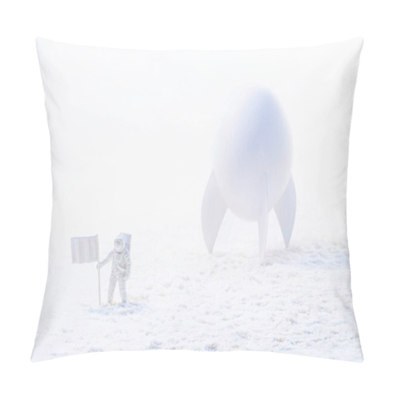 Personality  Conceptual High Key Photo Of A White Astronaut Near The Spaceship Made Of Eggshell Exploring Snow Planet. White Space Concept. Pillow Covers