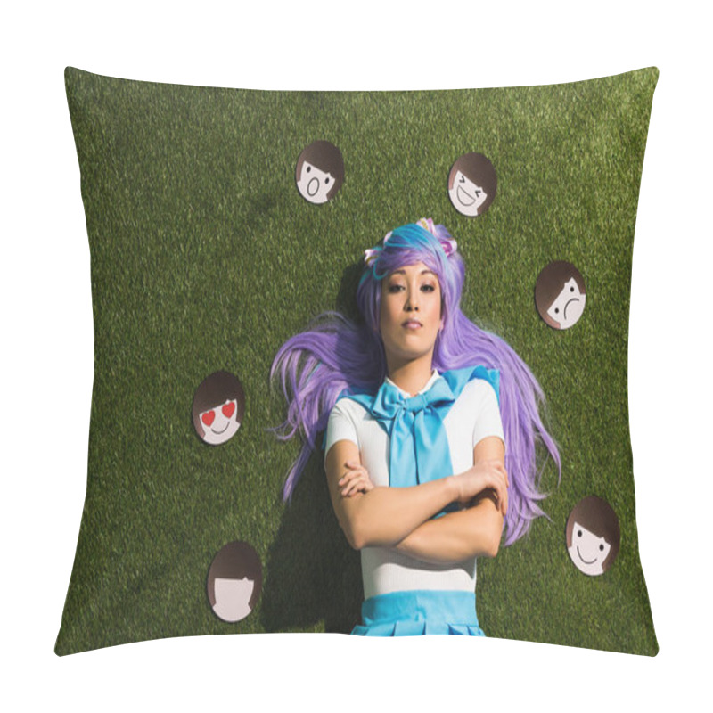 Personality  Asian Anime Girl In Purple Wig With Emoticons Lying On Grass Pillow Covers