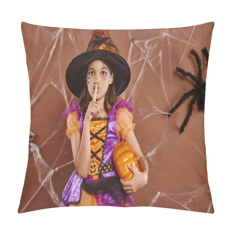 Personality  Girl In Witch Hat And Halloween Costume Standing With Pumpkin And Showing Hush On Brown Background Pillow Covers