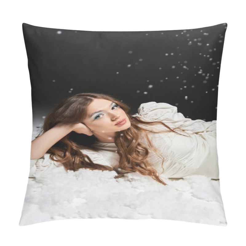 Personality  A Young Woman Lies Back In A Dreamy Setting Surrounded By Soft Clouds And Delicate Snowfall. Pillow Covers