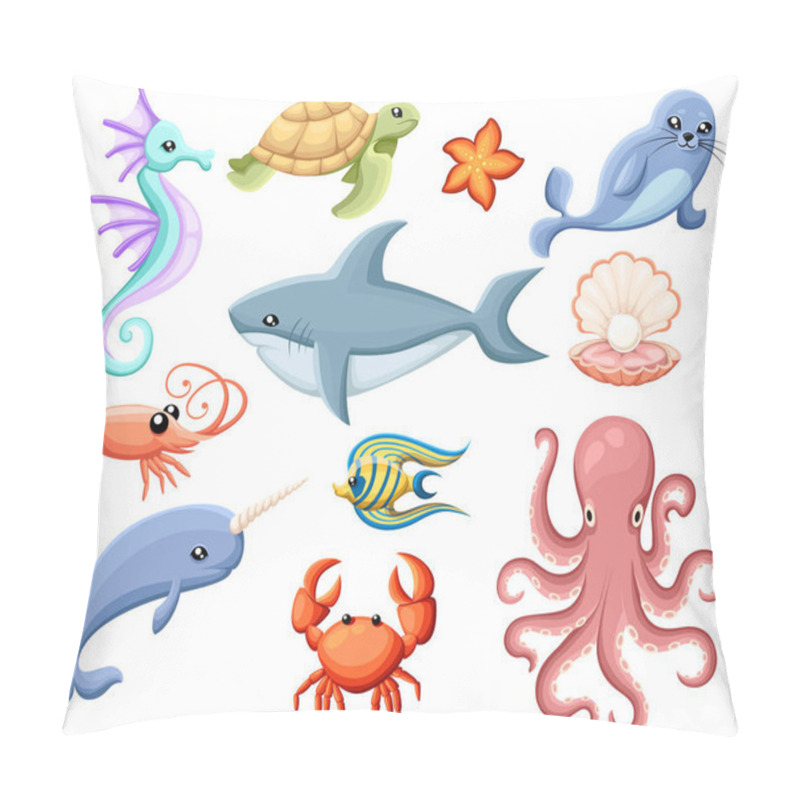 Personality  Cute Vector Sea Creatures. Cartoon Smiling Sea Animals. Co Ored Sea Fish And Seahorse, Whale And Octopus Illustration Seal Crab Shell Shark Octopus Shrimp Web Site Page And Mobile App Design. Pillow Covers