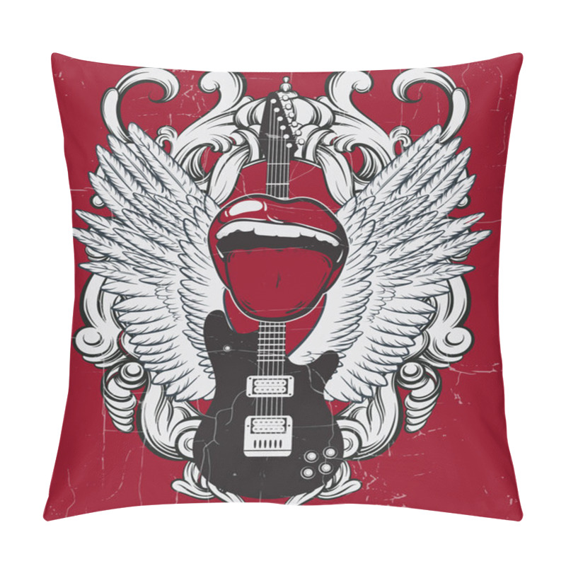 Personality  Vector Hand Drawn Illustration Of Guitar , Mouth, Wings And Frame . Tattoo Artwork.  Template For Card, Poster, Banner, Print For T-shirt, Label. Pillow Covers