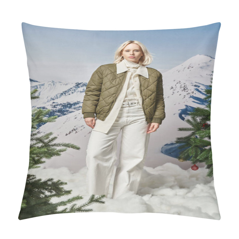 Personality  Stylish Attractive Woman With Blonde Hair Standing Still And Looking At Camera, Winter Fashion Pillow Covers