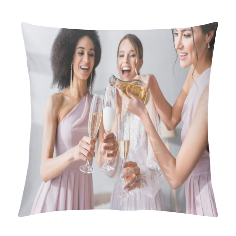 Personality  Young Woman Pouring Champagne Near African American Friend And Bride On Blurred Background Pillow Covers