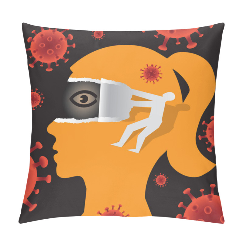 Personality  Open Your Eyes, Underestimating Risk During A Pandemic Concept.Illustration Of Female Stylized Head In Profile And Male Silhouette Ripping Paper And Uncovering Eye. Vector Available. Pillow Covers