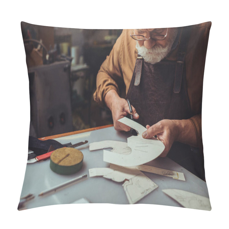 Personality  Senior, Concentrated Cobbler Cutting Out Template In Workshop Pillow Covers