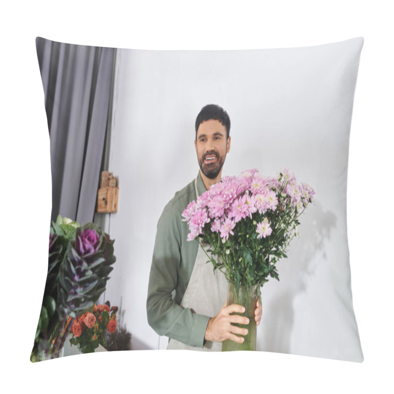 Personality  A Skilled Florist With A Beard Arranges Beautiful Flowers In A Welcoming Shop Atmosphere. Pillow Covers