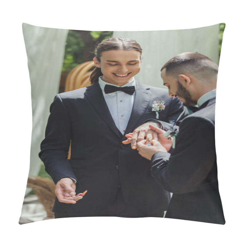 Personality  Bearded Gay Man Wearing Wedding Ring On Finger Of Cheerful Tattooed Groom  Pillow Covers