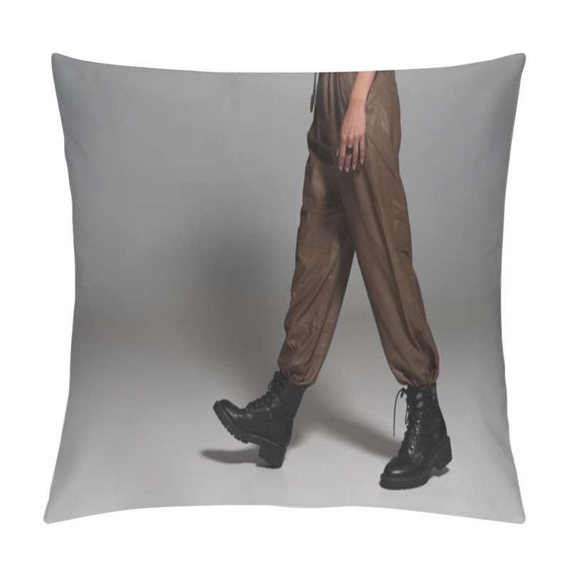 Personality  Partial View Of Steampunk Woman In Black Boots On Grey Pillow Covers