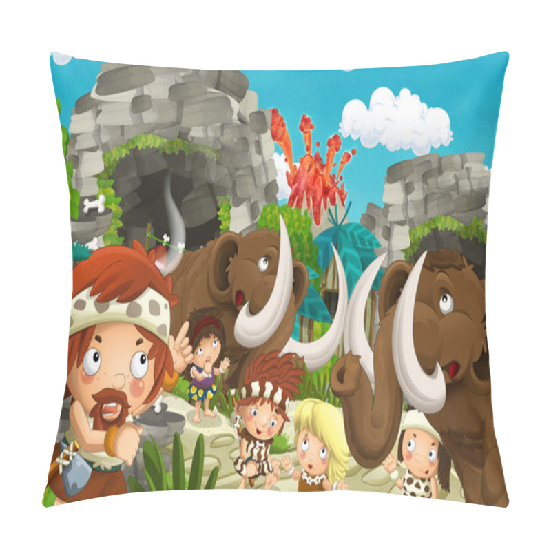 Personality  Cartoon Cavemen Village Scene With Mammoths And Volcano In The Background - Illustration For Children Pillow Covers