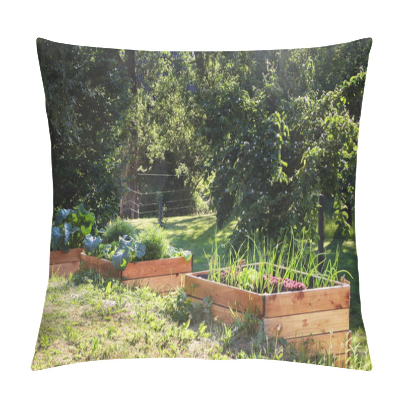 Personality  Raised Vegetable Beds Made Of Wood In A Rural Country Garden, Copy Space, Selected Focus Pillow Covers