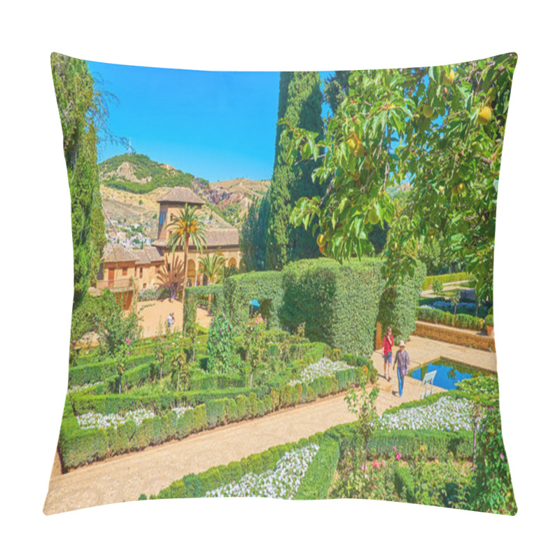 Personality  GRANADA, SPAIN - SEPTEMBER 25, 2019: The scenic Partal garden of Alhambra with topiary plants, colorful flowers in flower beds, pool and Partal palace on background, on September 25 in Granada pillow covers