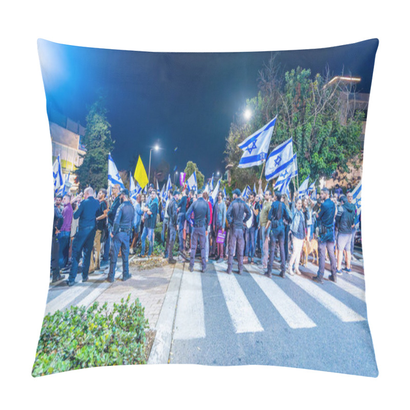 Personality  Haifa, Israel - November 05, 2024: People Protest And Confront The Police, In A Night Of Outrage, Following The PM Netanyahu Firing Defense Minister Gallant. Haifa, Israel Pillow Covers