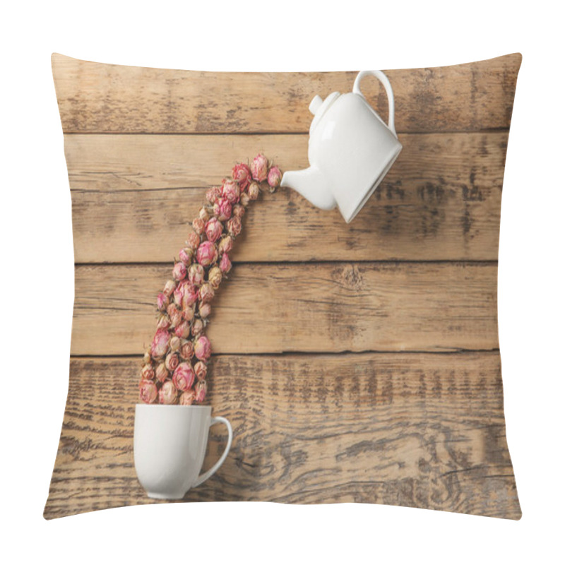 Personality  Flat Lay Composition With Teapot, Cup And Dried Roses On Wooden Background Pillow Covers