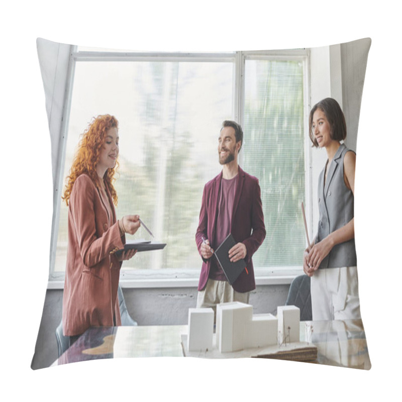 Personality  Redhead Designer Talking To Business Partners Near Building Model, Investment In Startup Project Pillow Covers