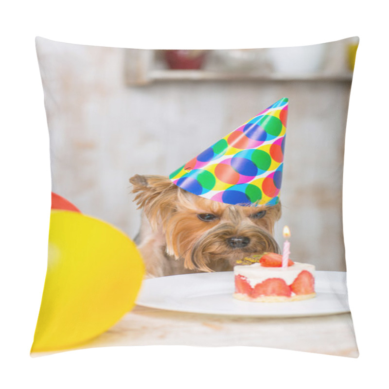 Personality  Yorkshire Terrier Sniffing At The Cake. Pillow Covers