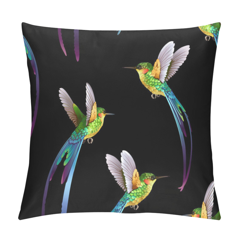 Personality  Beautiful Seamless Jungle Pattern Background. Hummingbirds With Palm Leaves On Black Background Pillow Covers