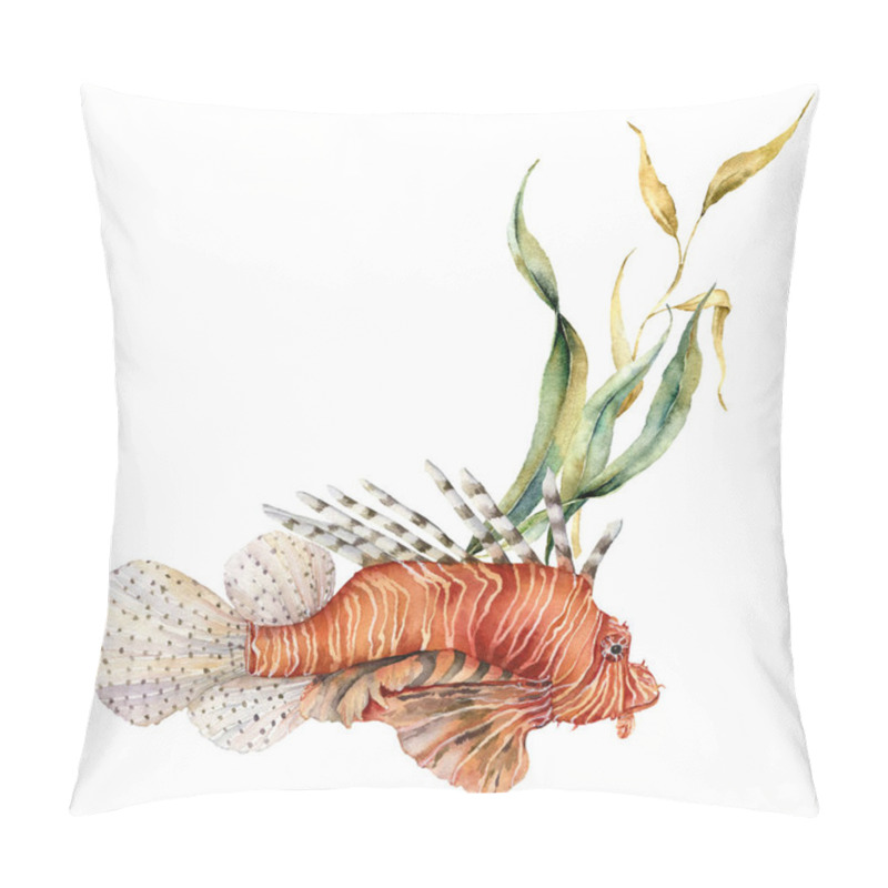 Personality  Watercolorv Lionfish Composition. Hand Painted Underwater Illustration With Laminaria And Coral Reef Isolated On White Background. Aquatic Illustration For Design, Print Or Background. Pillow Covers