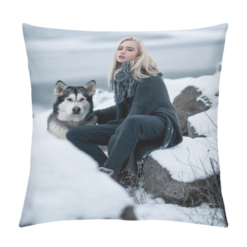 Personality  Girl With Dog Malamute Among Rocks In Winter.  Pillow Covers