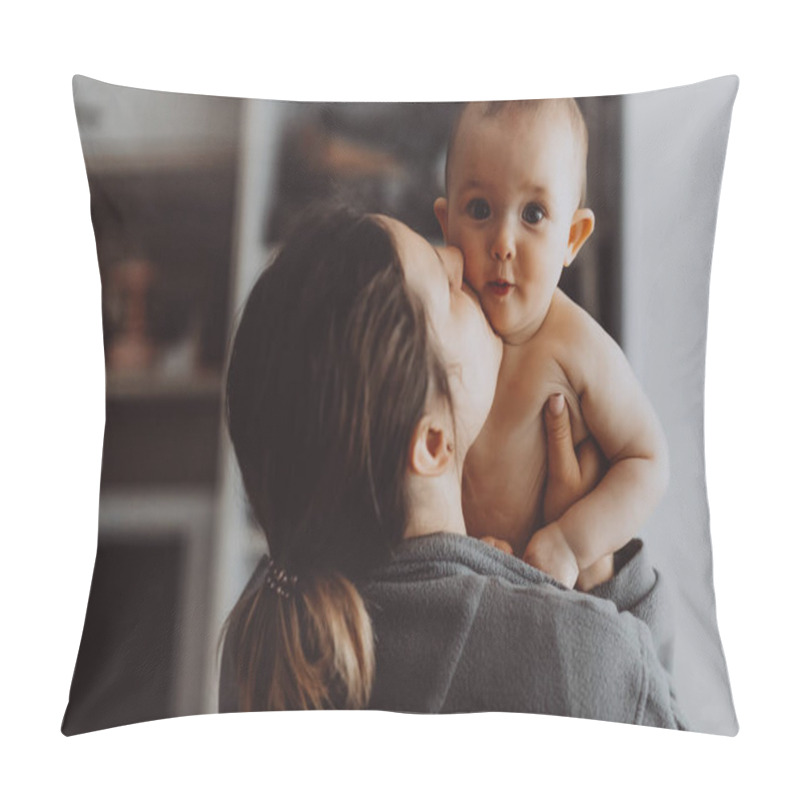 Personality  Candid Shot Of Six Month Old Infant Baby  Standing In The Crib Holding On To The Side Pillow Covers