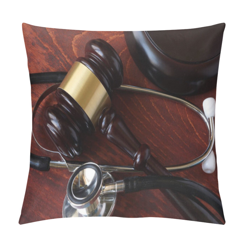 Personality  Gavel And Stethoscope On A Wooden Surface. Pillow Covers