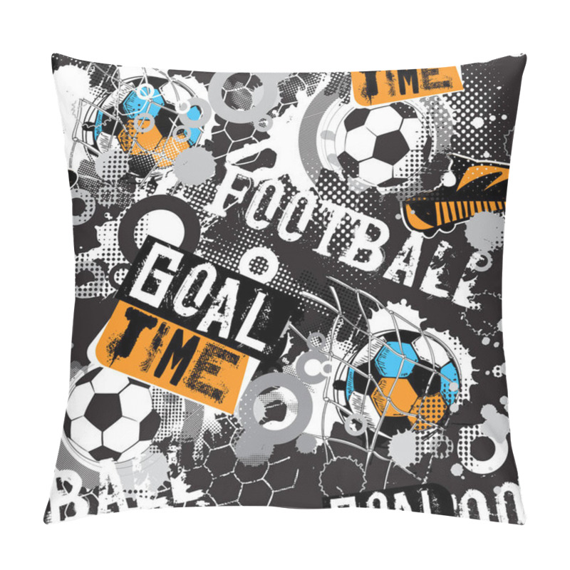 Personality  Abstract Seamless Football Pattern For Boys, Textile, Clothes. Grunge Urban Repeated Backdrop With Silhouette Of Shabby Balls, Text. Sport Colorful Wallpaper. Pillow Covers