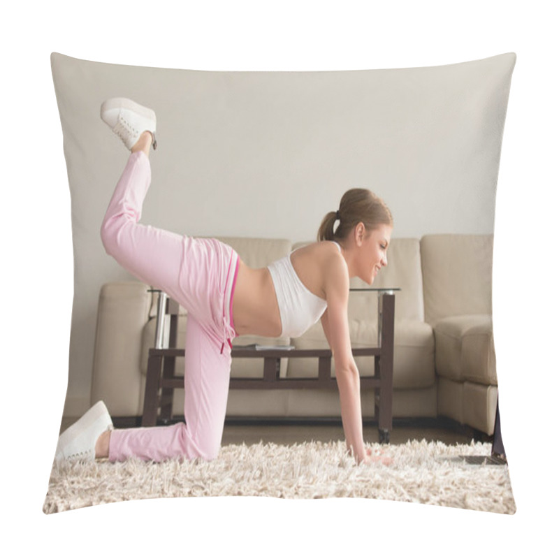 Personality  Woman Doing One Knee Kickback Exercise At Home Pillow Covers